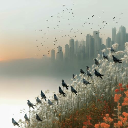Un vol d'oiseaux noirs s'élevant d'un champ sauvage face à la silhouette d'une ville brumeuse.