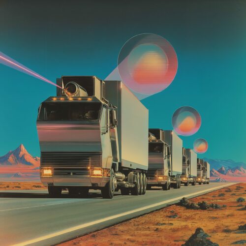 Convoi de camions futuristes roulant sur une route désertique avec des sphères lumineuses iridescentes.
