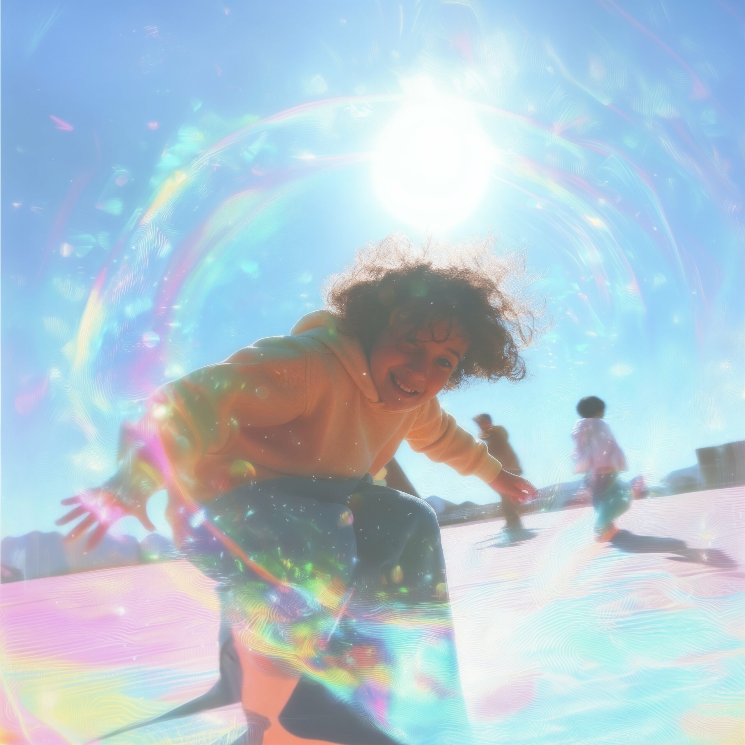 Personne aux cheveux bouclés accroupie en extérieur sous des reflets lumineux arc-en-ciel.