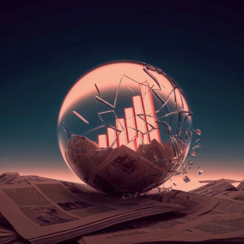 Boule de verre brisée contenant un graphique en barres lumineux posée sur des journaux.