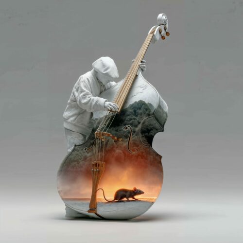 Sculpture d'un contrebassiste dont l'instrument abrite un paysage miniature avec un rongeur.