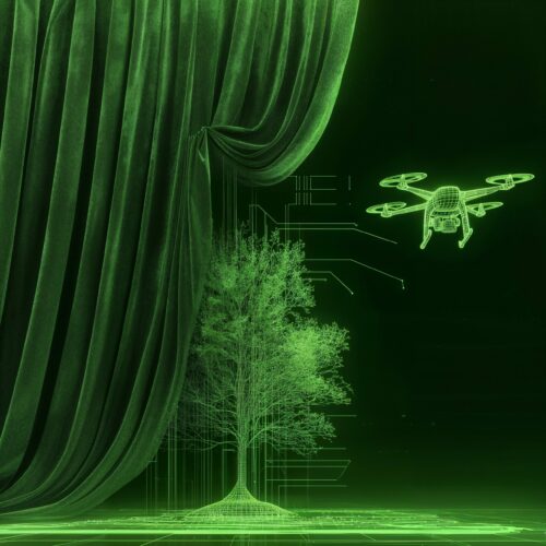 Un drone en vol au-dessus d'un arbre holographique vert à côté d'un rideau sombre.