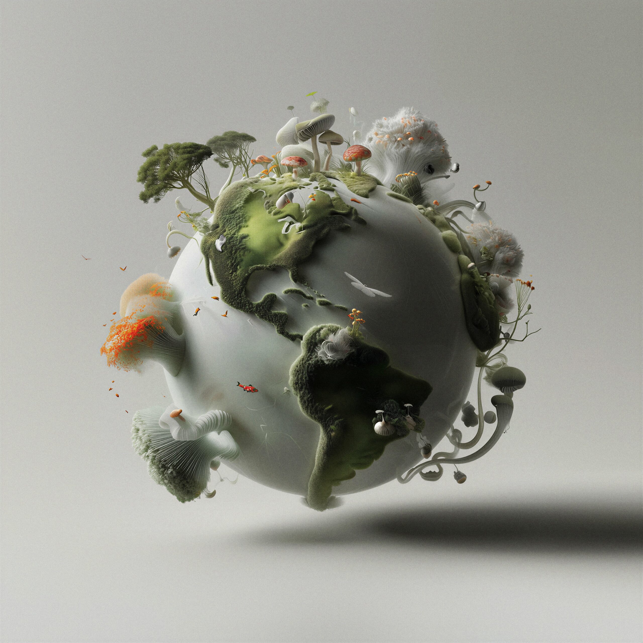 Miniature tridimensionnelle du globe terrestre flottant avec de la végétation et des paysages en relief.