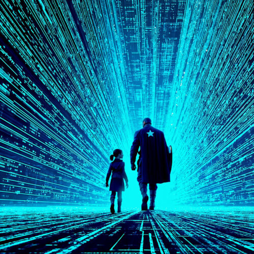 Silhouette d'un super-héros et d'une petite fille marchant dans un tunnel numérique bleu néon.