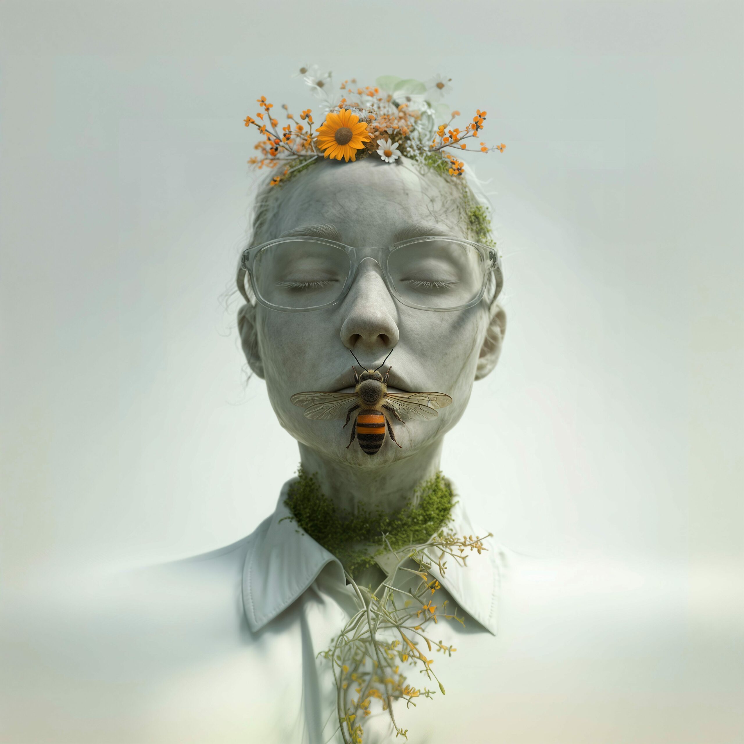 Portrait surréaliste d'un visage sculpté aux yeux clos, orné de fleurs sur la tête et dans la bouche.