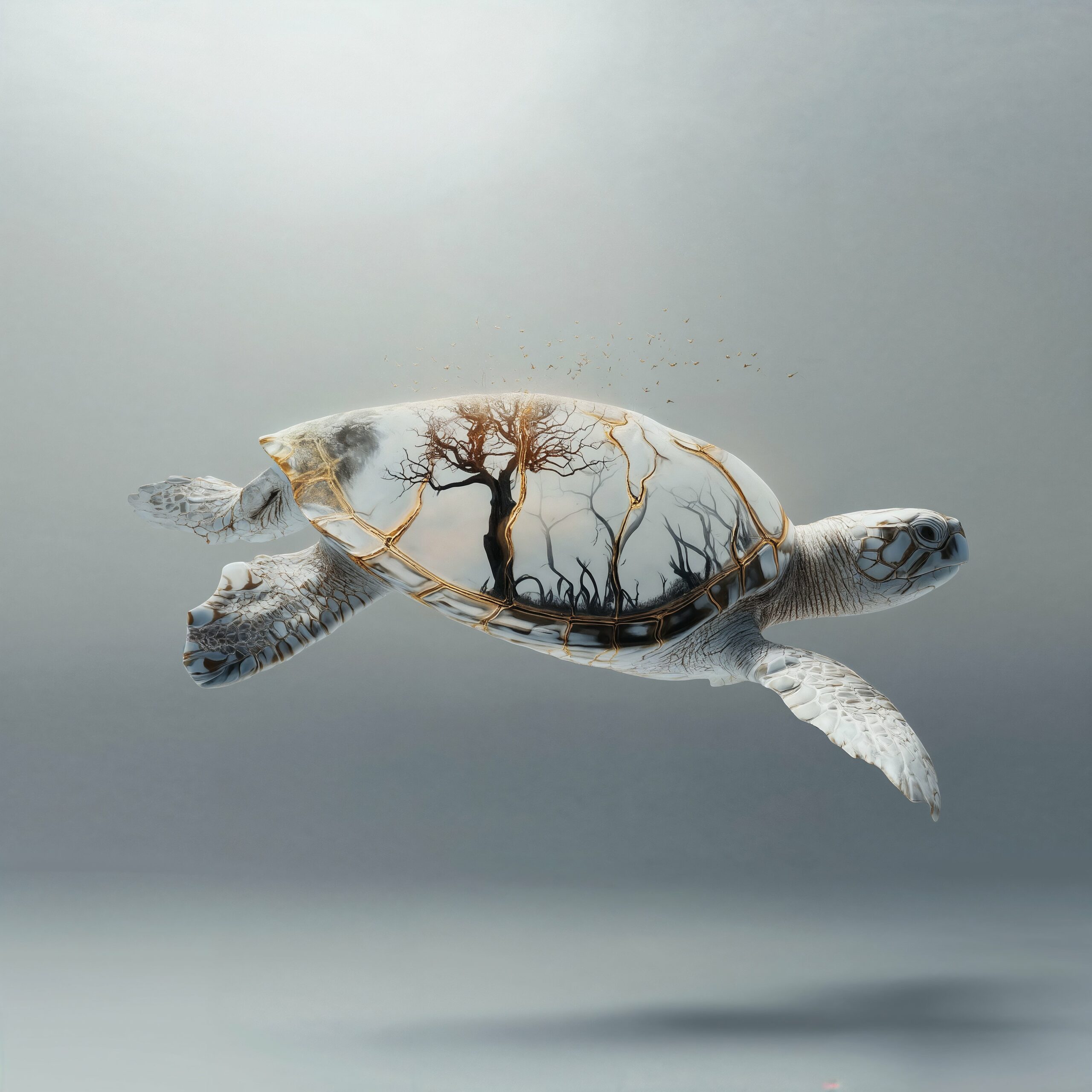Tortue de mer nageant avec un paysage d'arbres dénudés dessiné sur sa carapace.