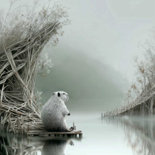 Un petit animal blanc assis sur un ponton au bord d'un lac brumeux bordé de roseaux.