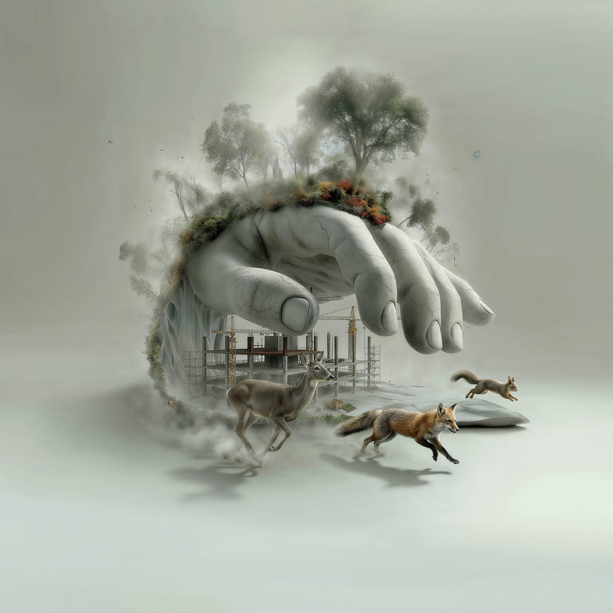 Illustration surréaliste d'une main géante abritant la nature et des renards dans un paysage brumeux.