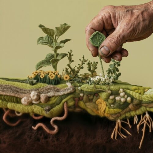 Une main posant une plante en feutrine sur une sculpture textile représentant une coupe de sol avec racines et vers.