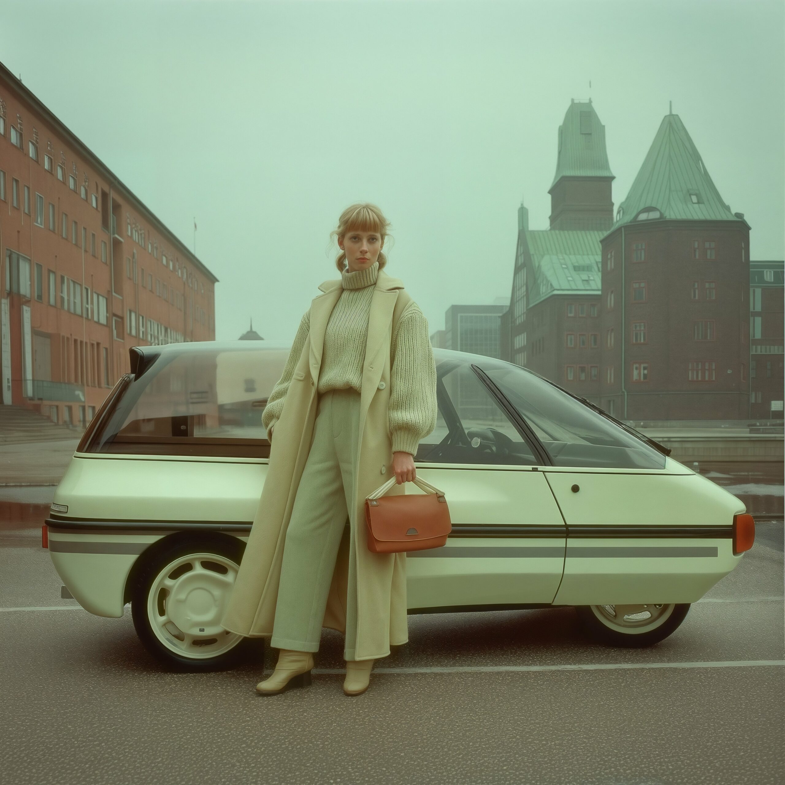 Céleste posant en manteau beige devant un prototype de voiture blanche dans une rue urbaine.