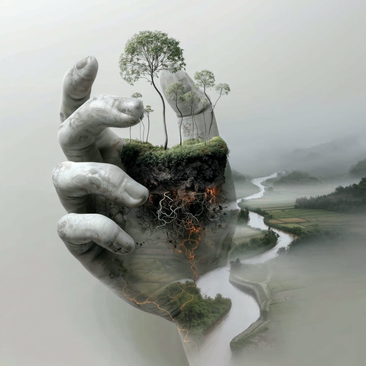 Une main géante en pierre tenant un fragment de terre arboré qui se fond dans un paysage brumeux.