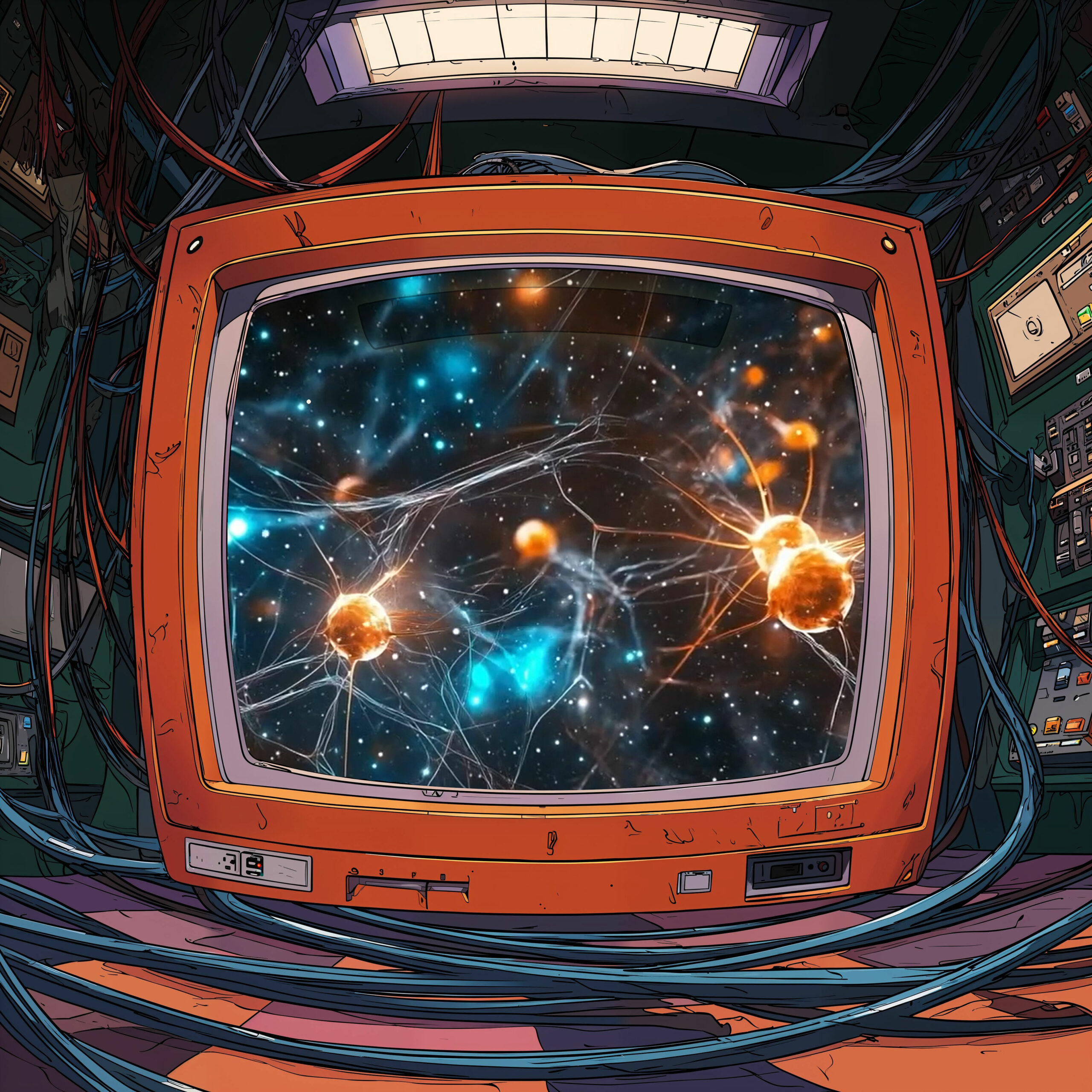 Un vieil écran de télévision orange affichant un réseau d'orbes lumineuses orange et bleues connectées dans l'espace.