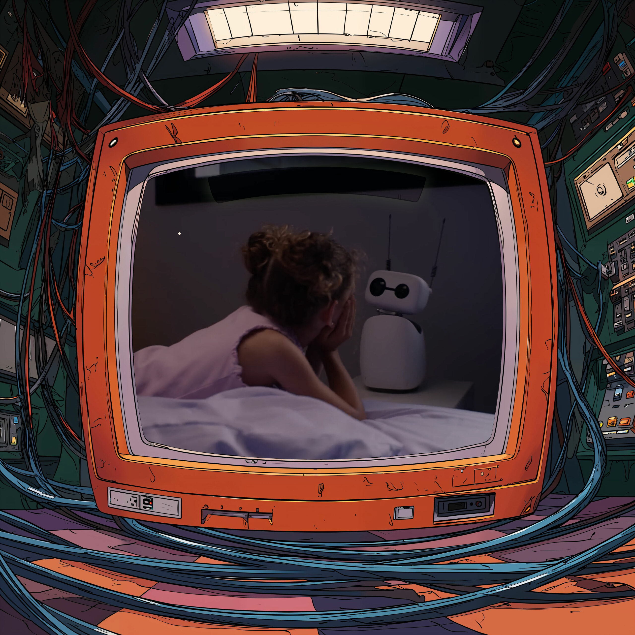 Une petite fille allongée face à un petit robot blanc, vue à travers un moniteur de télévision rétro entouré de câbles.