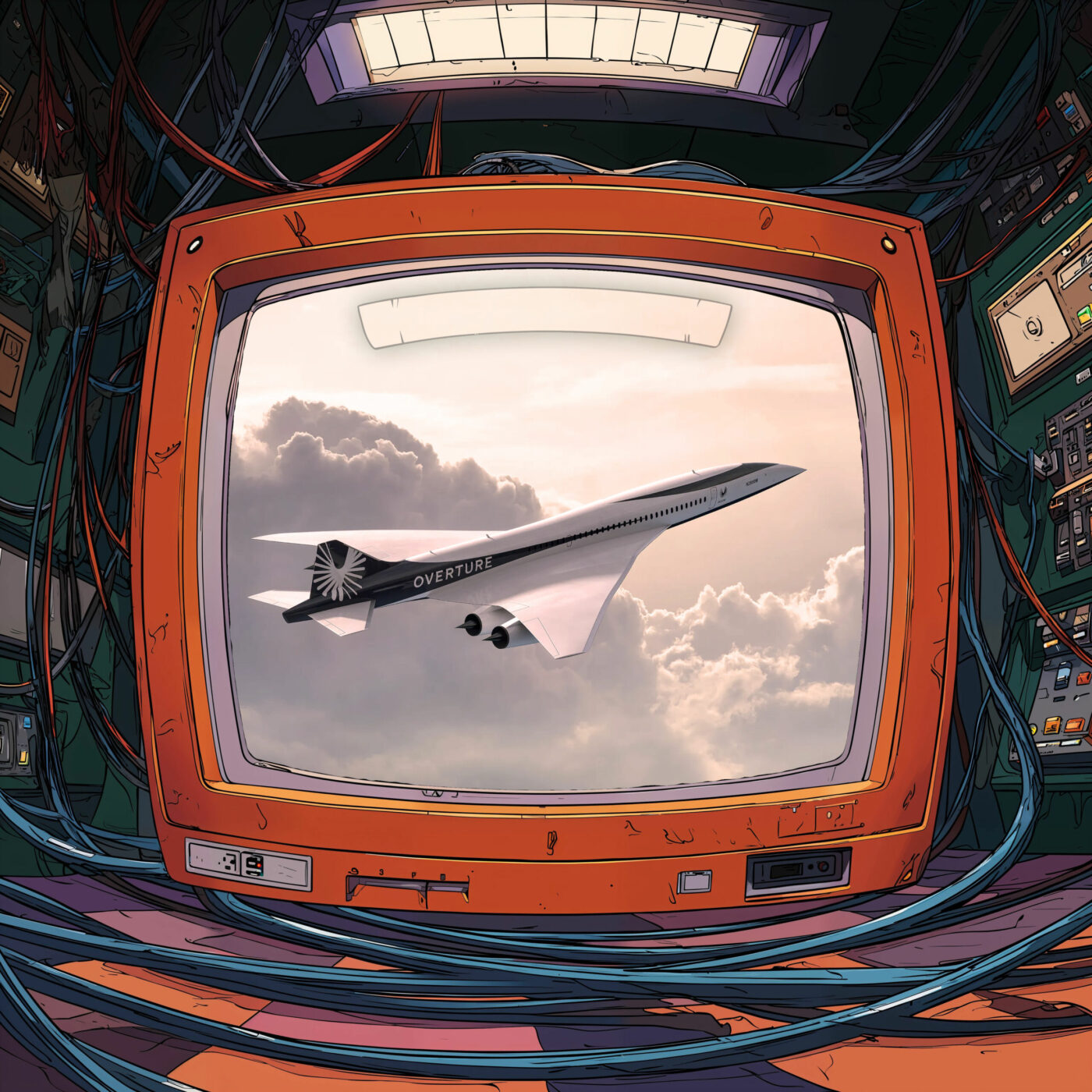 Un avion supersonique volant au-dessus des nuages diffusé sur l'écran d'un téléviseur rétro orange.