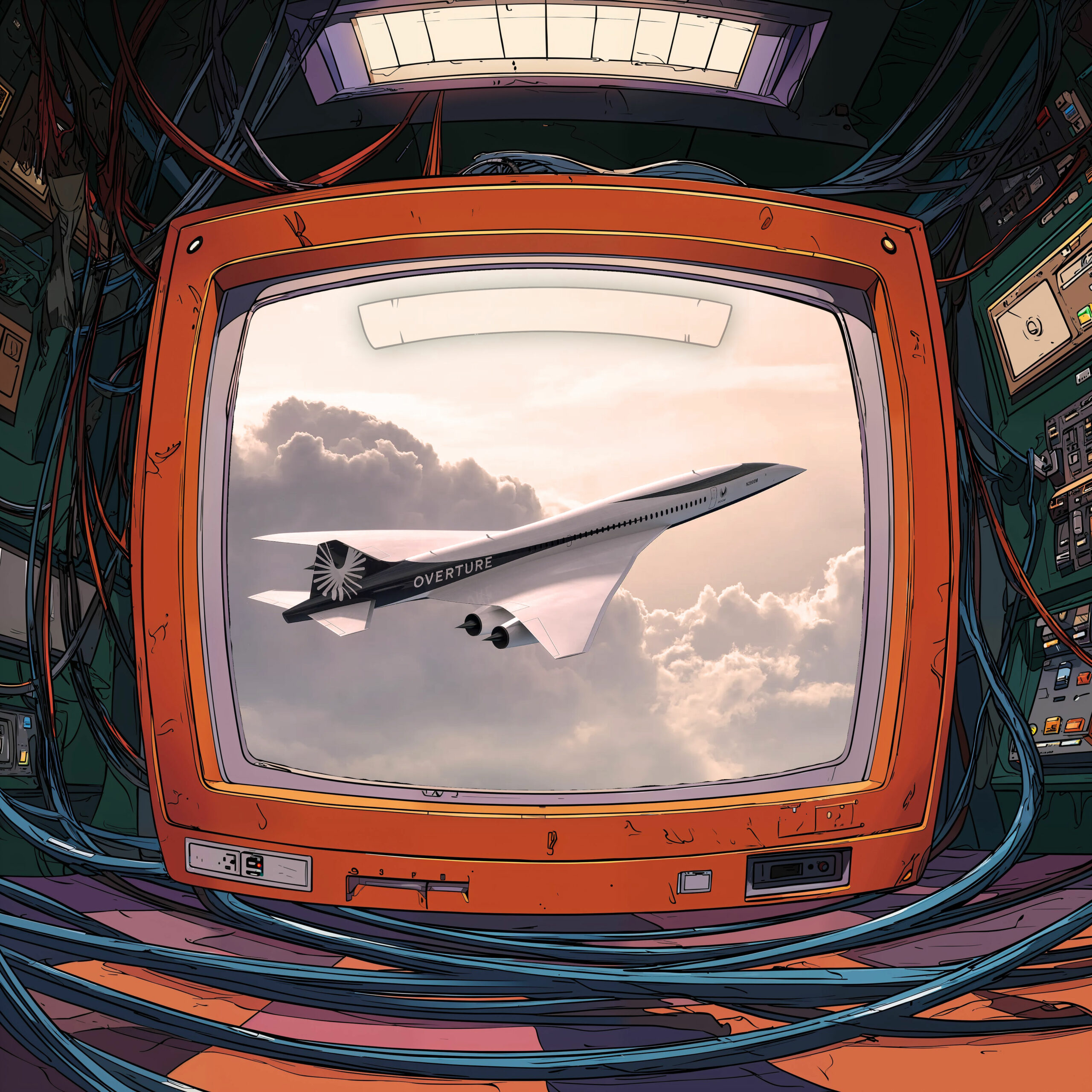 Un avion supersonique volant au-dessus des nuages diffusé sur l'écran d'un téléviseur rétro orange.