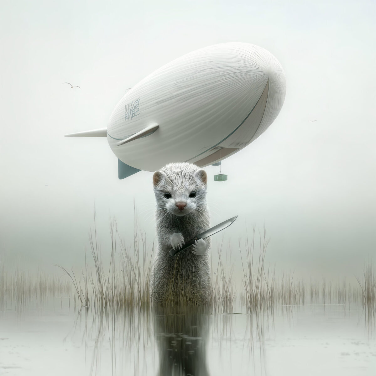 Une petite hermine blanche se tenant dans l'eau sous un dirigible volant dans la brume.