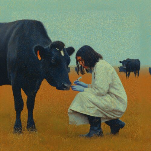 Une femme accroupie prend soin d'une grande vache noire dans un champ doré.