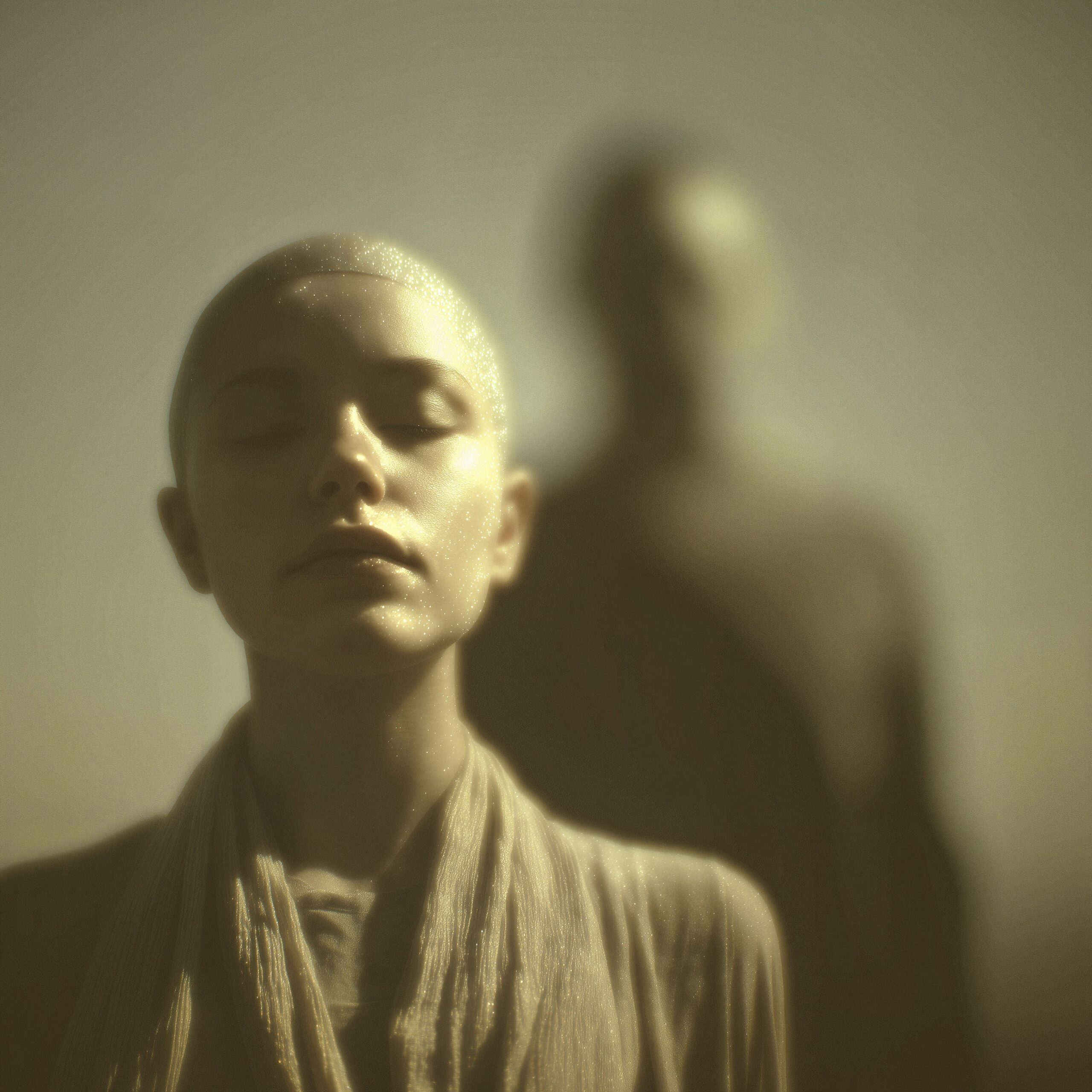 Portrait en gros plan d'une personne chauve aux yeux fermés avec une silhouette floue en arrière-plan.