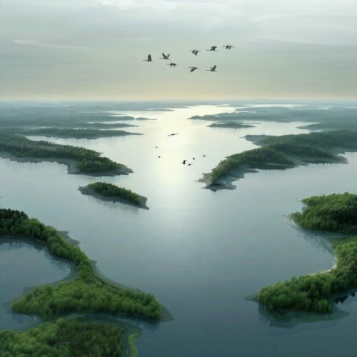 Vue aérienne d'un archipel verdoyant avec des oiseaux volant dans le ciel.