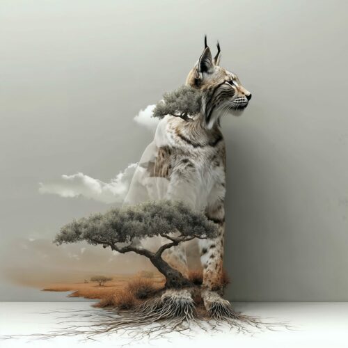 Illustration surréaliste en double exposition fusionnant un lynx avec un arbre et un paysage.