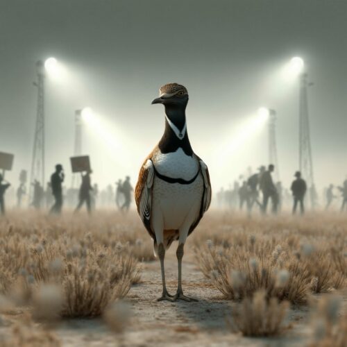 Un oiseau se tient au premier plan dans une plaine aride devant des silhouettes de manifestants éclairées par des projecteurs.