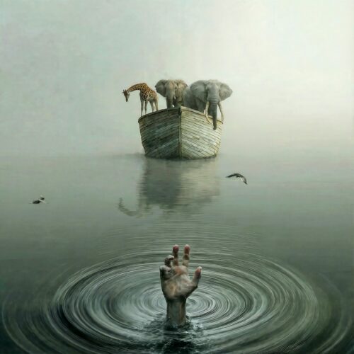 Illustration surréaliste d'un bateau chargé d'animaux sauvages au loin et d'une main émergeant de l'eau au premier plan.