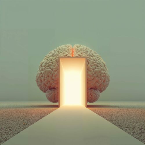 Représentation surréaliste d'un cerveau humain comportant une porte lumineuse ouverte et un chemin menant vers elle.