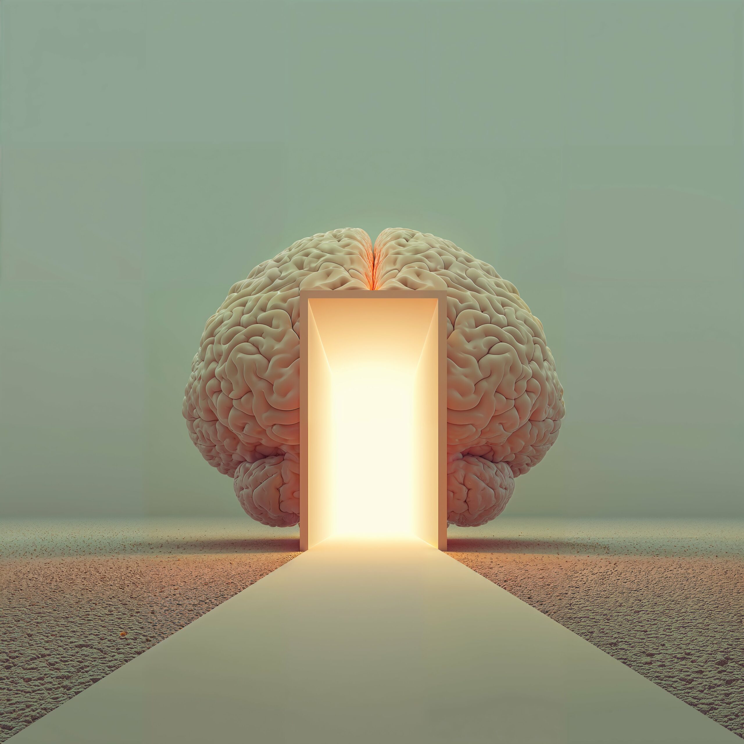 Représentation surréaliste d'un cerveau humain comportant une porte lumineuse ouverte et un chemin menant vers elle.