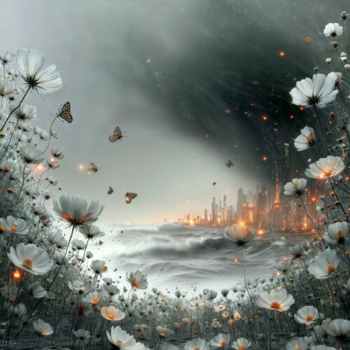 Champ de fleurs blanches encadrant un paysage sombre avec une ville enflammée sous un ciel d'orage.