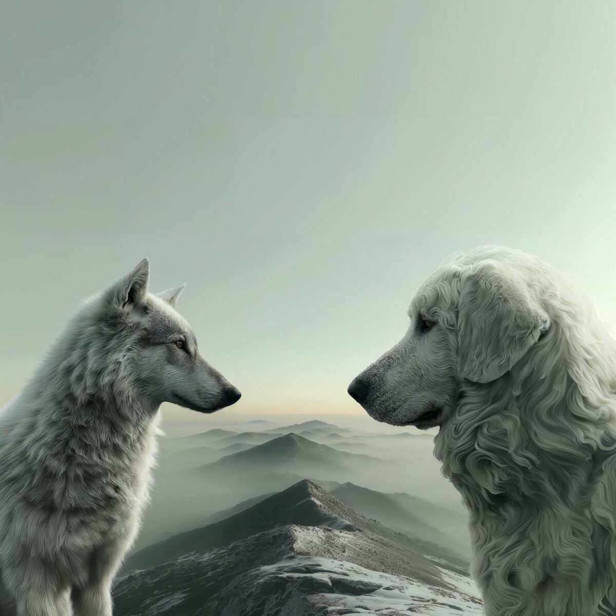 Un loup et un chien domestique se regardent de profil devant un paysage de montagnes brumeuses.