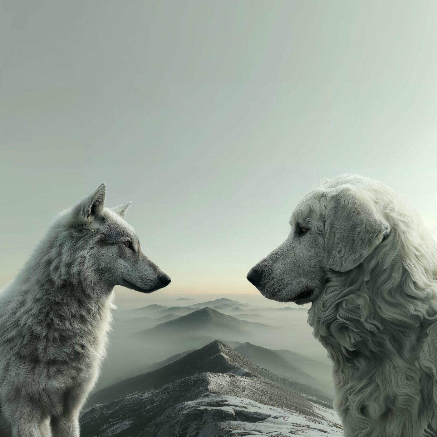 Un loup et un chien domestique se regardent de profil devant un paysage de montagnes brumeuses.