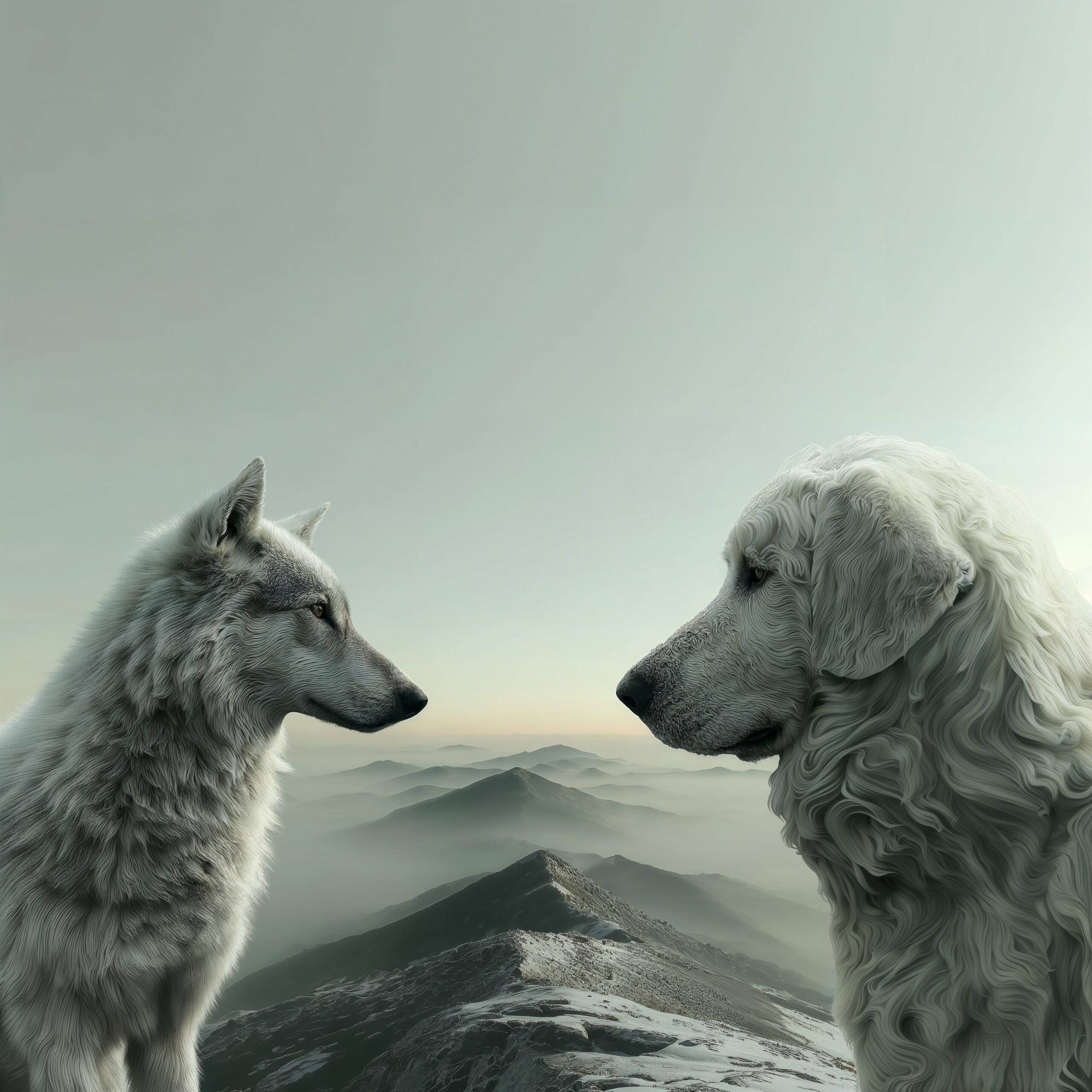Un loup et un chien domestique se regardent de profil devant un paysage de montagnes brumeuses.