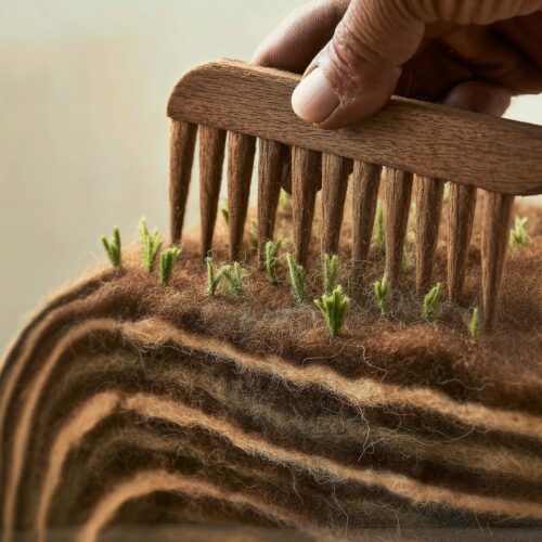 Une main utilisant un peigne en bois pour ratisser une surface stratifiée d'où sortent de petites pousses vertes.