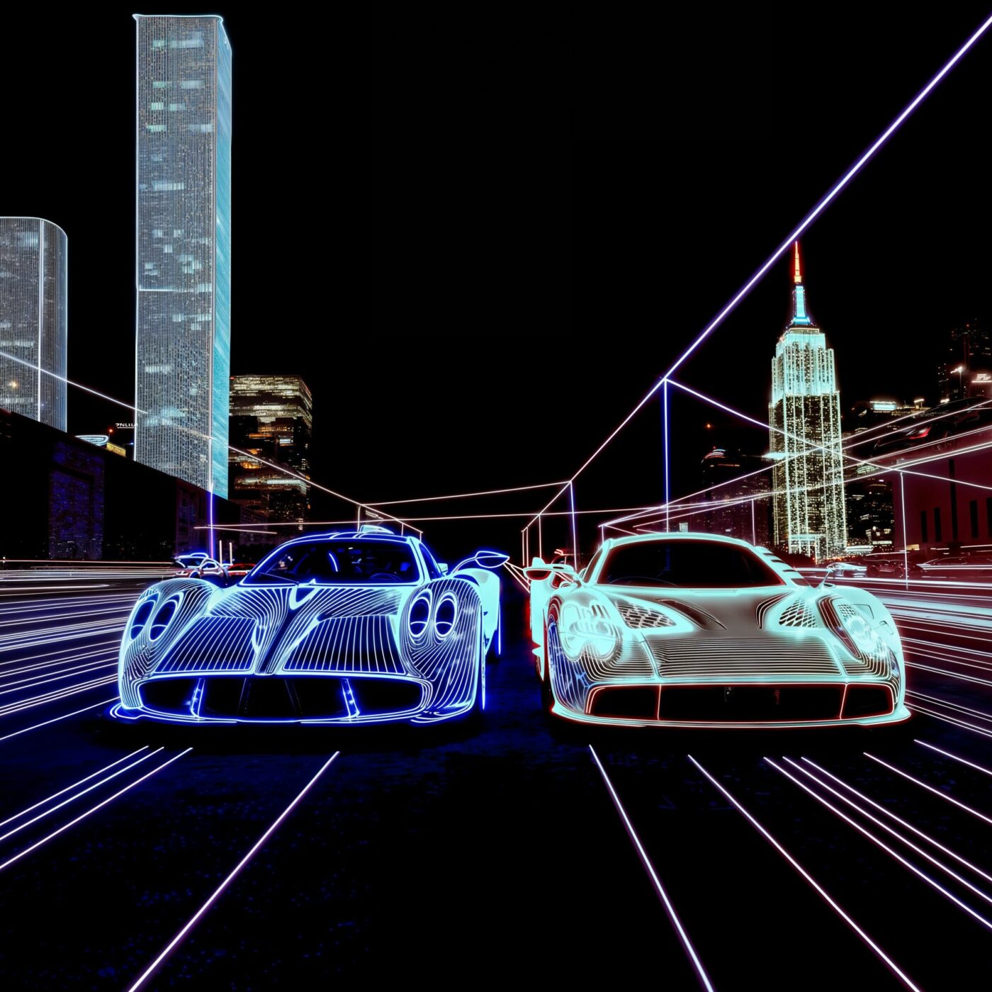 Deux voitures de sport virtuelles lumineuses roulant dans une ville futuriste la nuit.