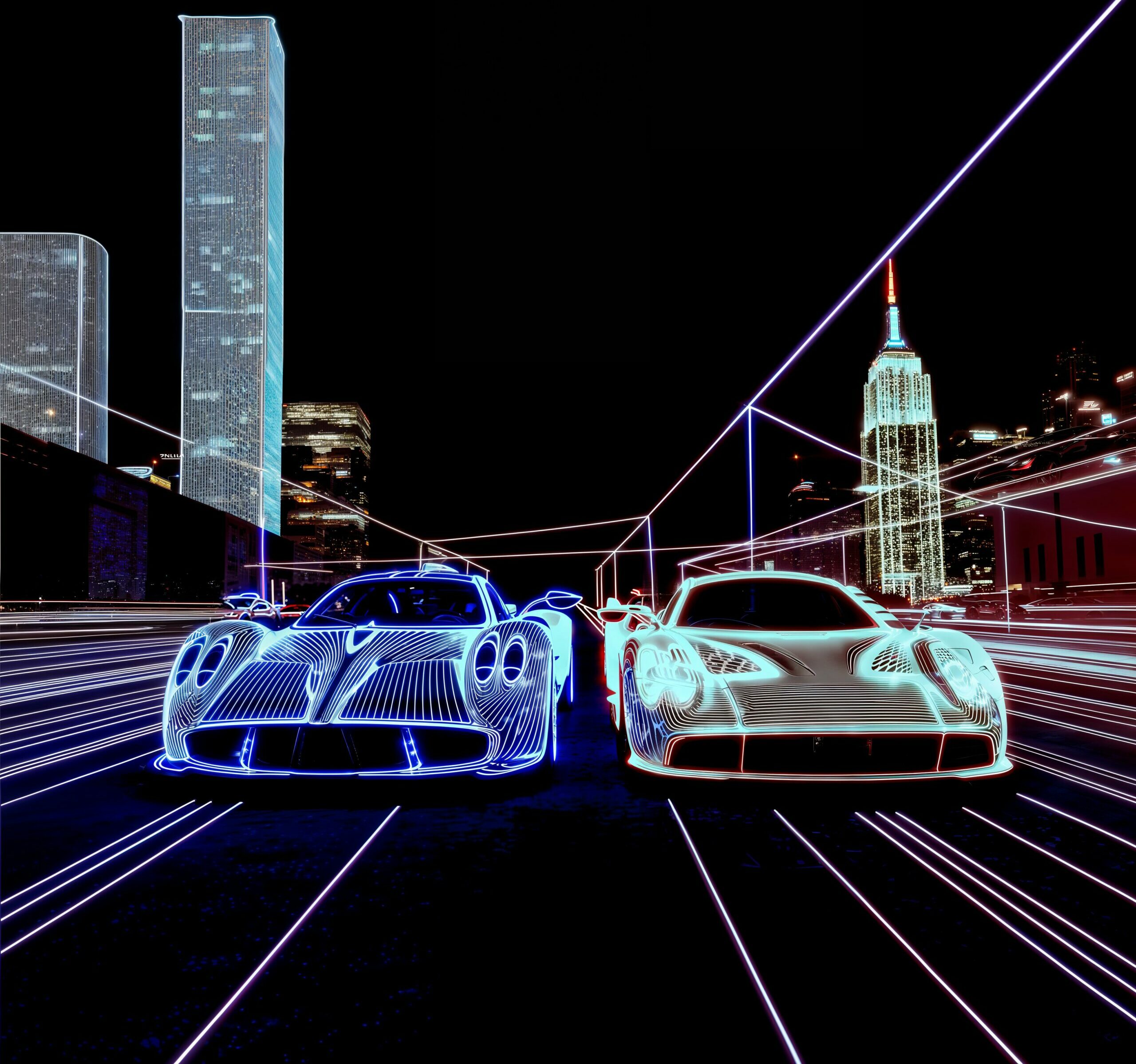 Deux voitures de sport virtuelles lumineuses roulant dans une ville futuriste la nuit.