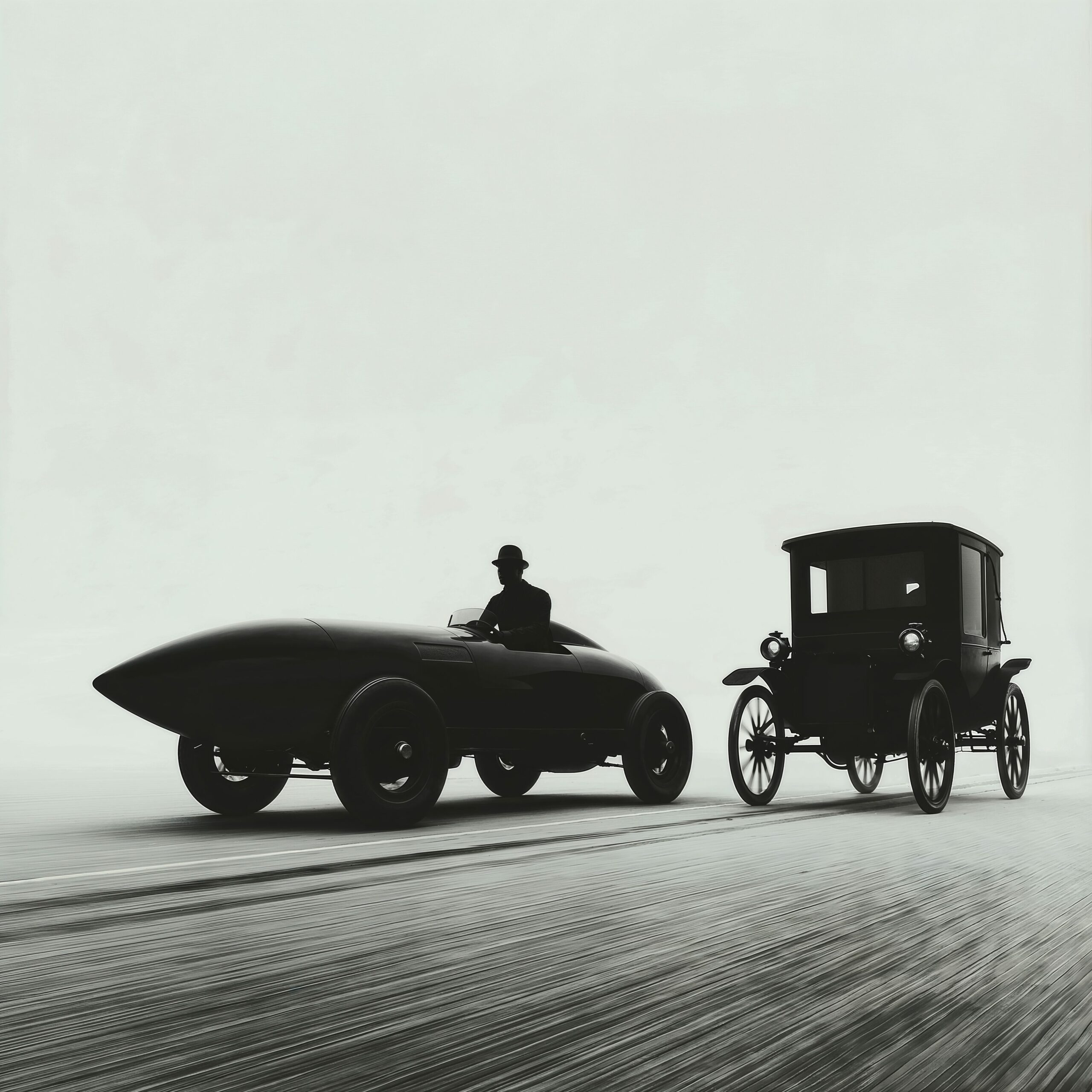 Silhouettes en noir et blanc d'une voiture de course aérodynamique et d'une automobile ancienne sur une piste dégagée.