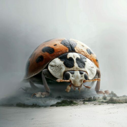 Gros plan de face d'une coccinelle entourée d'une brume légère.