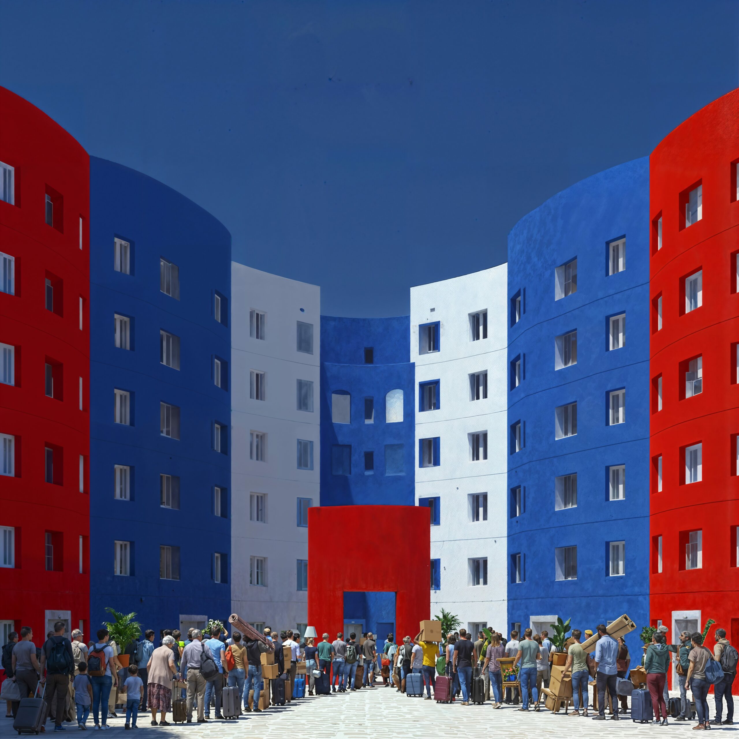 Bâtiments modernes aux façades rouges, bleues et blanches disposés autour d'une place où se rassemble une foule.