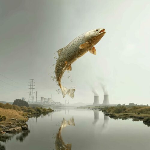 Un poisson bondit hors d'une rivière devant un paysage industriel comportant des tours de centrale nucléaire.