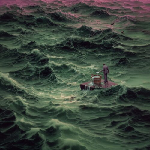 Un petit bateau naviguant au milieu d'un océan vert aux vagues agitées sous un ciel crépusculaire.