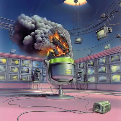 Un microphone rétro en feu dégageant une épaisse fumée noire au centre d'une salle de contrôle tapissée d'écrans.