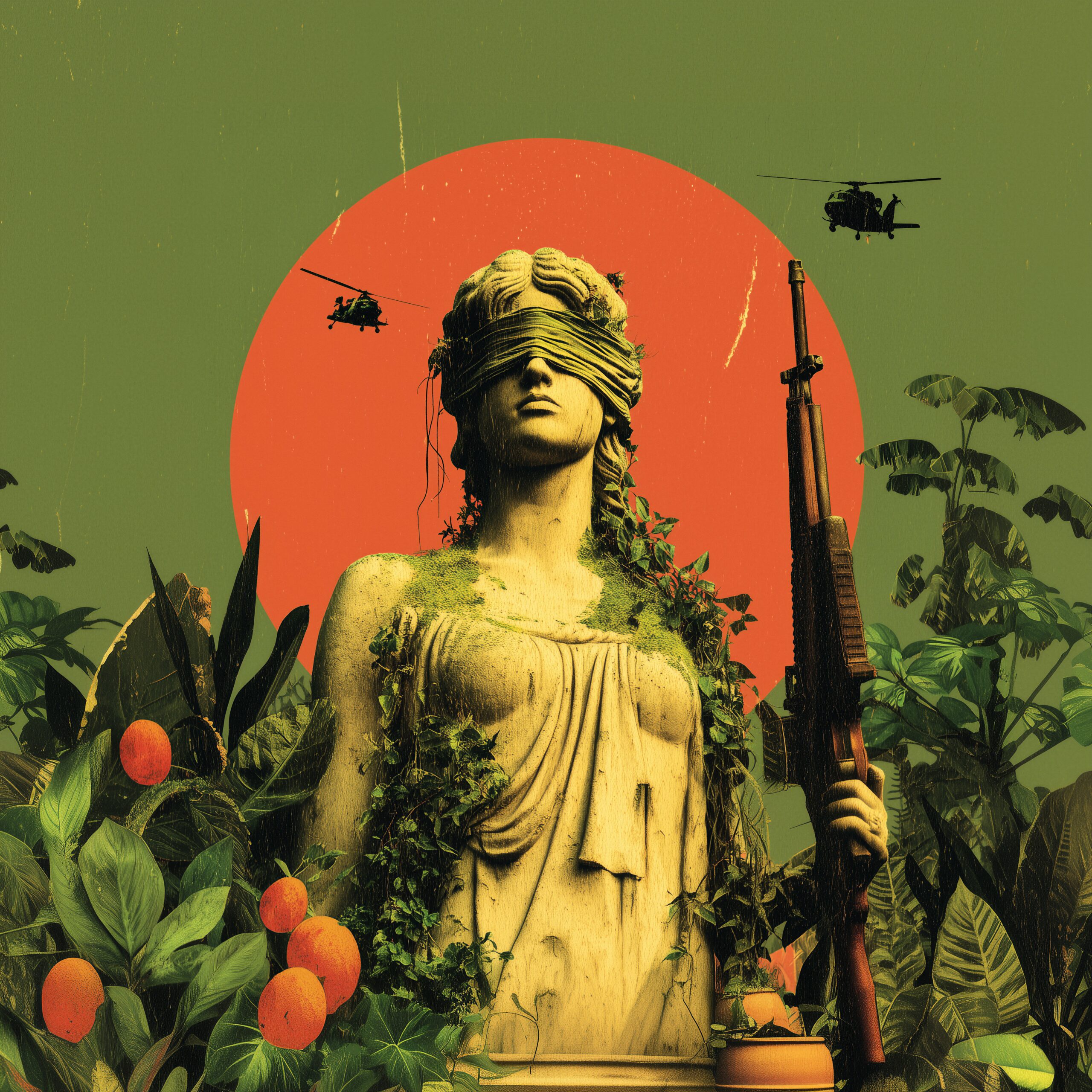 Statue de la Justice aux yeux bandés tenant un fusil d'assaut dans une jungle avec des hélicoptères.