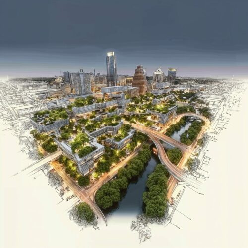 Vue aérienne en 3D d'un projet d'aménagement urbain durable avec des bâtiments aux toits végétalisés.