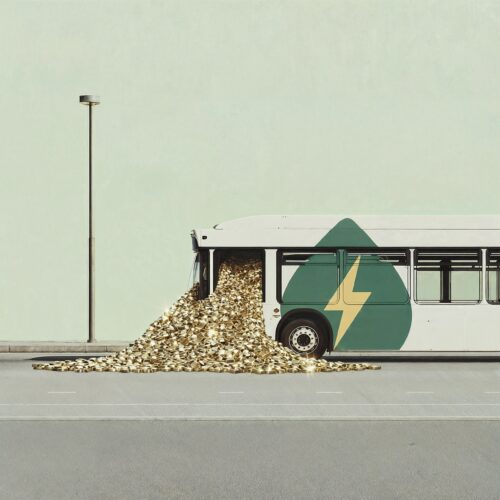 Un bus électrique déversant une montagne de pièces d'or sur la chaussée.