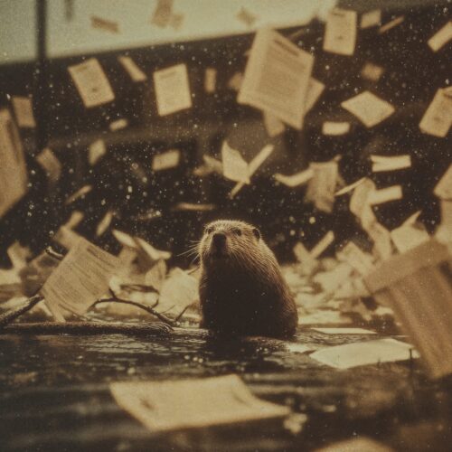 Un castor assis au milieu d'une tempête de feuilles de papier volantes.