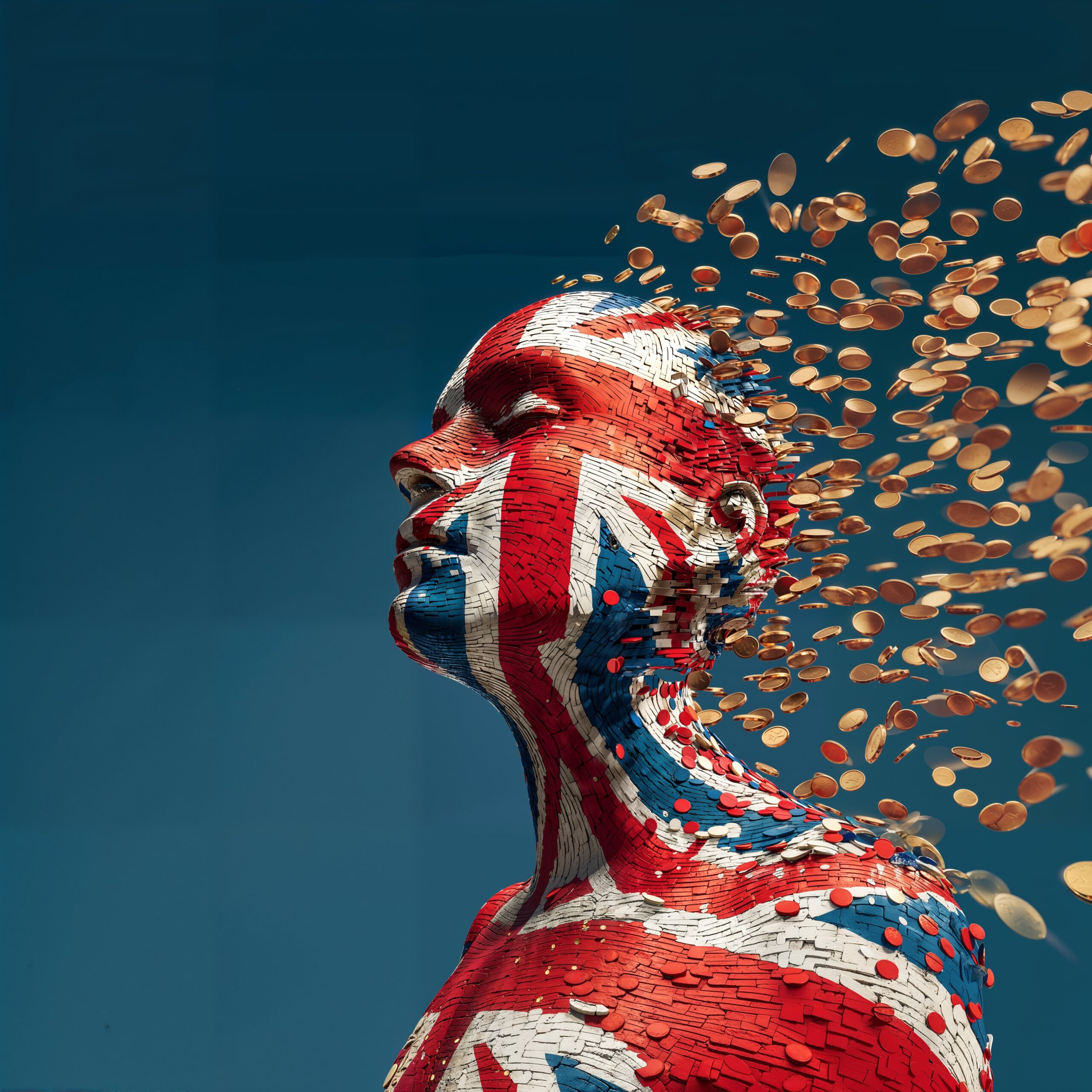 Statue peinte aux couleurs du drapeau britannique se désintégrant en une multitude de pièces de monnaie dorées.