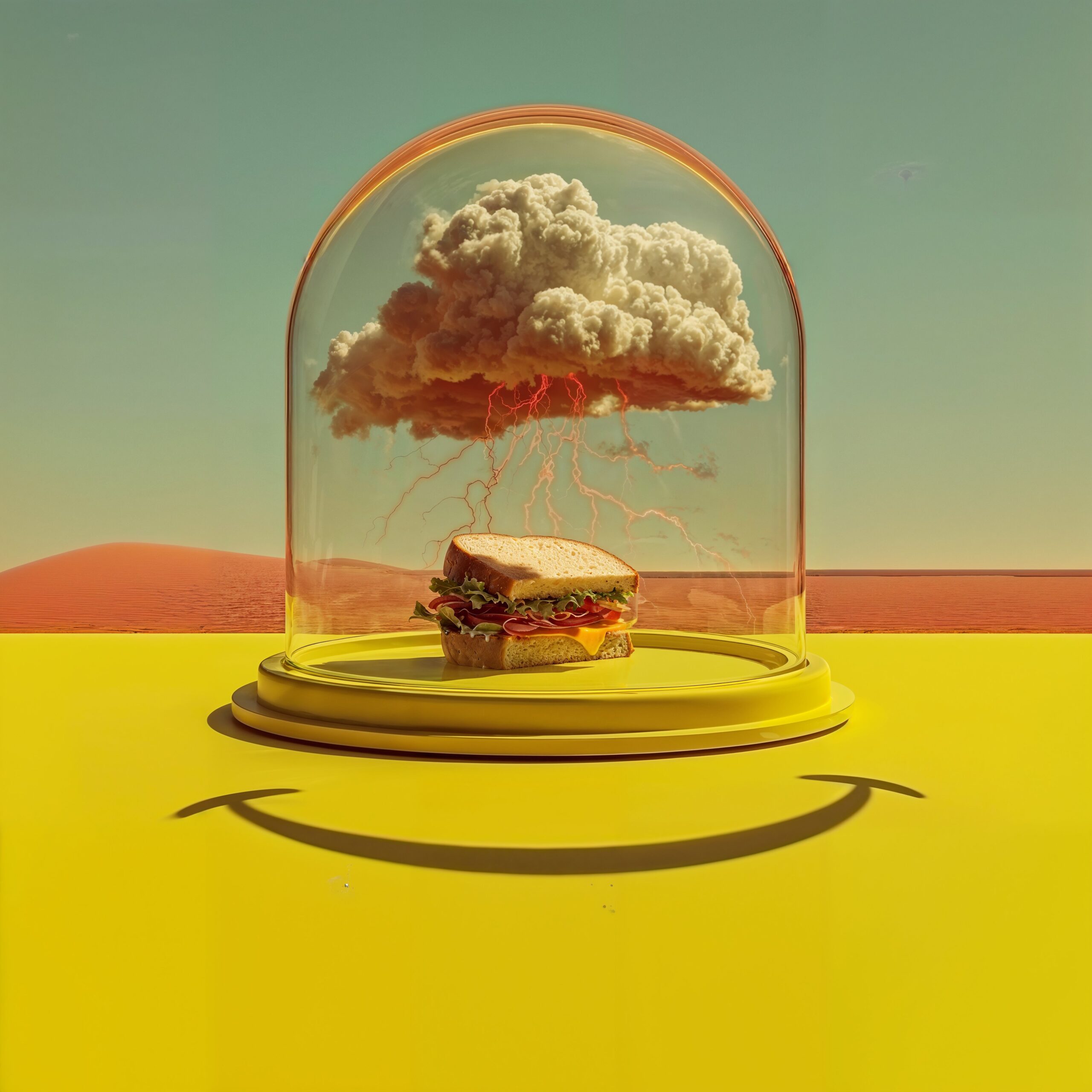 Un sandwich sous une cloche en verre surmonté d'un nuage de pluie, posé sur une surface jaune avec une ombre en forme de sourire.