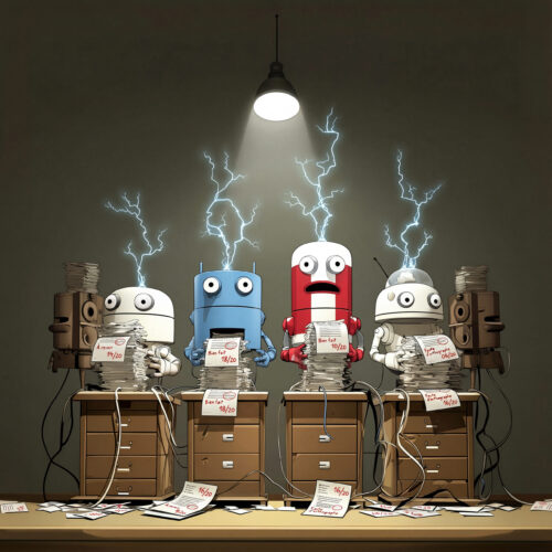 Quatre petits robots colorés travaillent derrière des bureaux avec des éclairs s'échappant de leur tête.