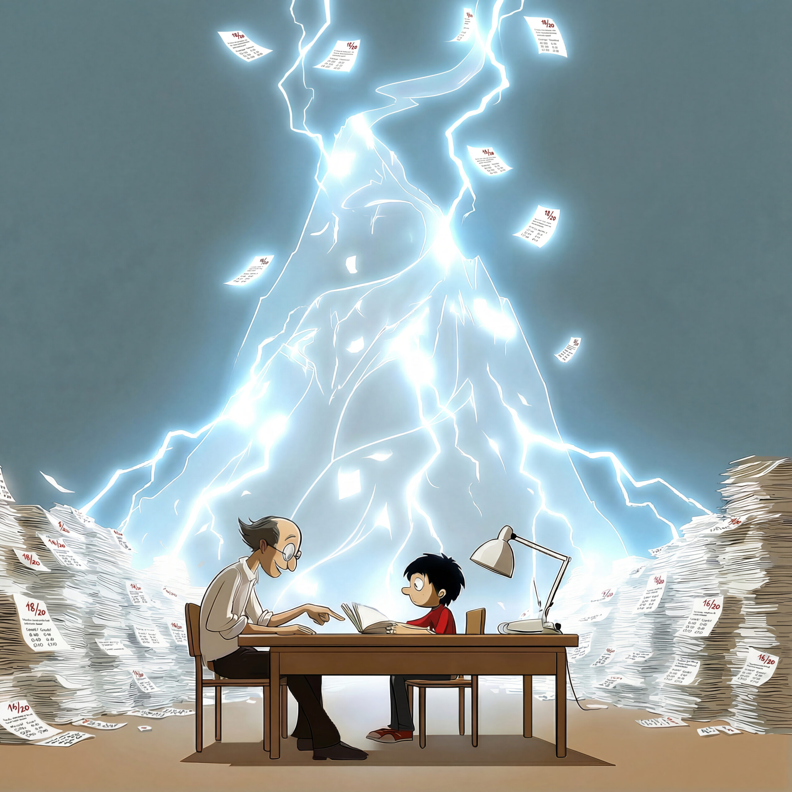 Illustration d'un homme âgé et d'un enfant assis à un bureau entouré de montagnes de papiers, sous un éclair d'énergie lumineuse.