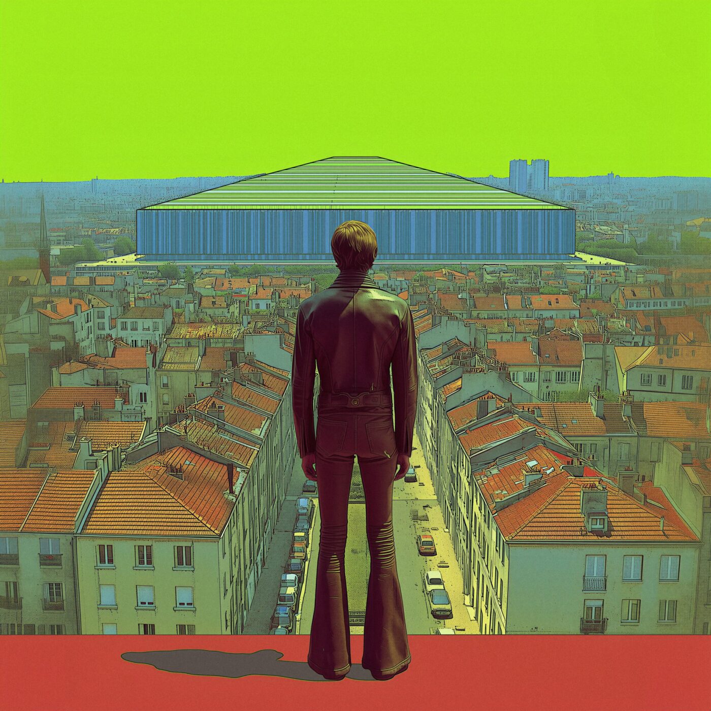Silhouette d'un homme de dos observant une ville et un grand stade sous un ciel vert.